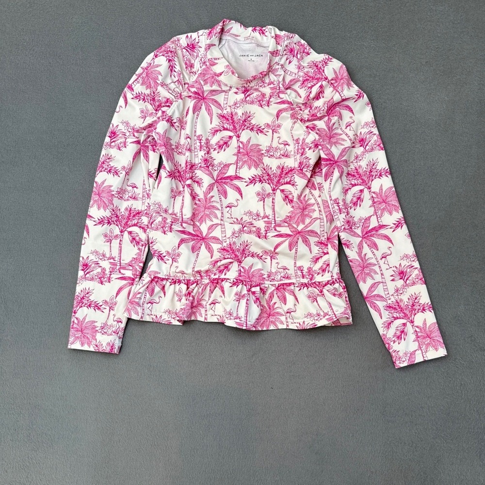 Janie and Jack Girls Pink Tropical Palm Tree Flamingo Rash Guard Swim Top 8
